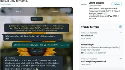 Tangkapan layar mengenai calo dalam menawarkan jasa kelulusan ke Perguruan Tinggi Negeri (PTN) dengan jumlah biaya tertentu.