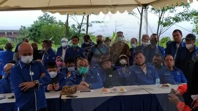 Jajaran DPP Partai Demokrat saat menggelar konferensi pers, di Wisma Atlet Hambalang, Kabupaten Bogor, Kamis (25/3/2021)/Yogi Faisal