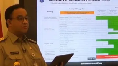 Gubernur Anies Baswedan saat mengumumkan kelanjutan status Pembatasan Sosial Berskala Besar (PSBB) DKI Jakarta, Kamis (4/6/2020) di Balai Kota DKI Jakarta. (Dok. Pemprov DKI Jakarta)