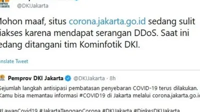Pemerintah Provinsi Jakarta, via Twitter, Kamis (12/3/2020), mengumumkan situs berisi informasi soal virus corona miliknya lumpuh karena terkena serangan hacker. [Twitter/DKIJakarta]