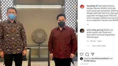 Komisaris Utama PT Pertamina Basuki Tjahaja Purnama alias Ahok ketika bertemu dengan Menteri BUMN Erick Thohir/Instagram basukibtp