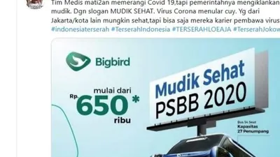 Blue Bird, lewat Bigbird menawarkan program Mudik Sehat PSBB 2020. (Twitter: @Moesa_nk).