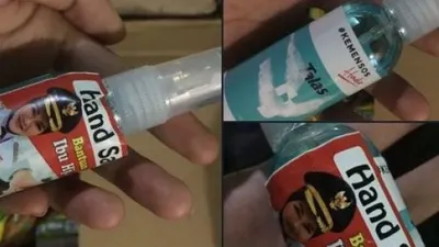 Hand sanitizer dengan stiker Bupati Klaten Sri Mulyani yang merupakan bantuan Kementerian Sosial. (dok Twitter)