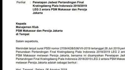 Surat Penetapan Jadwal Pertandingan Persija vs PSM Makassar oleh PSSI