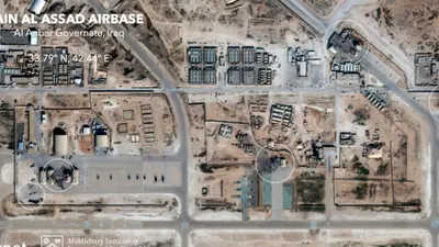 Citra satelit ini dilaporkan menunjukkan kerusakan pada pangkalan udara Ain al-Asad AS di Irak barat. (AP)