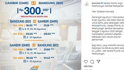2 Agustus, KA Pariwisata Prioritas Argo Parahyangan Beroperasi