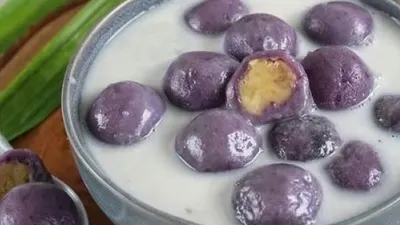 Resep Kolak Candil Ubi Ungu Isi Kacang Hijau. (Instagram/@numpangsaveresep.id)