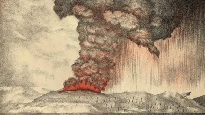 Litografi letusan Krakatau. (Domain Publik/Parker & Coward)