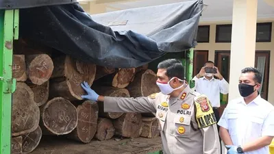 Kapolres Majalengka, AKBP Bismo Teguh Prakoso menunjukkan barang bukti berupa gelondongan kayu hasil pembalakan liar. (dok)