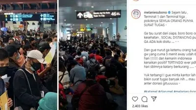 Bandara Soekarno Hatta dipenuhi calon penumpang pesawat yang membawa bawa surat tugas. (Instagram Melanie Subono)