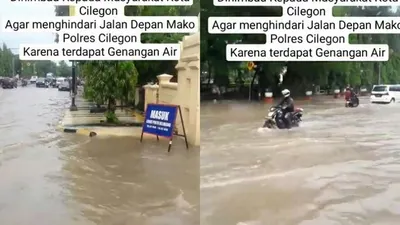 Hujan deras menyebabkan beberapa ruas di jalan utama Kota Cilegon tergenang air. Kantor pemerintahan pun tak luput dari kejaran banjir. (instagram: @polres_cilegon)