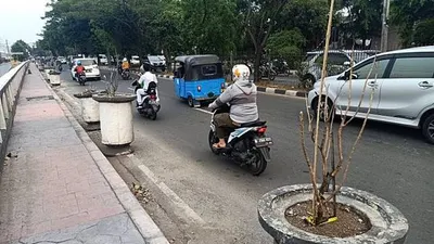 Sebanyak 10 pot bunga berada di sisi badan Jalan I Gusti Ngurah Rai, Kecamatan Cakung, Jakarta Timur, Senin (4/11/2019) dan dianggap memperparah kemacetan di kala jam sibuk/Antara-Andi Firdaus