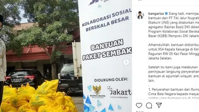 Wakil Gubernur DKI Jakarta, Ahmad Riza Patria meninjau bantuan dari PT Tiki Jalur Nugraha Ekakurir (JNE) yang disalurkan melalui agregator Baznas Baziz DKI dalam Program Kolaborasi Sosial Berskala Besar (KSBB) Pemprov DKI Jakarta. instagram: @bangariza