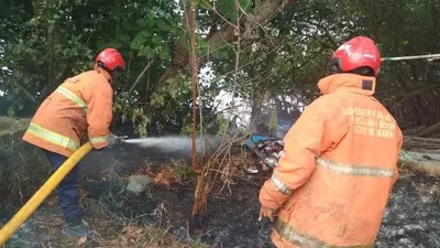 Petugas Sudin Gulkarmat Jakut dan Kepulauan Seribu memadamkan api yang membakar lahan alang-alang di Pulau Pari/pulauseribu.jakarta.go.id
