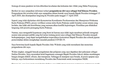 Surat terbuka pengunduran diri CEO Ruang Guru, Belva Devara, dari jabatan Staf Khusus Presiden Jokowi.