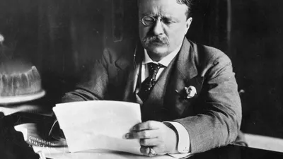 Theodore Roosevelt, presiden ke-26 Amerika Serikat, duduk di meja kerjanya.  (Getty Images/Hulton Archive)