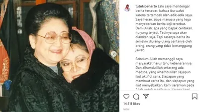 Siti Hardiyanti Rukana alias Tutut menceritakan kronologi kematian ibunya, Siti Hartinah alias Tien Soeharto, 24 tahun silam. isntagram: @tututsoeharto