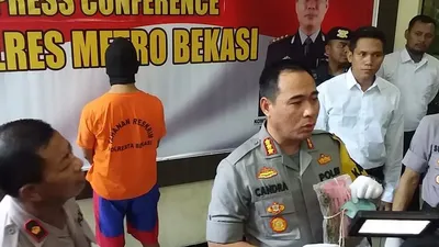 Tugimin (47) menyerahkan diri kepada polisi setelah membunuh sang istri di rumahnya di Perum Grand Permata City, Desa Karang Setia, Kecamatan Karang Bahagia, Kabupaten Bekasi.
