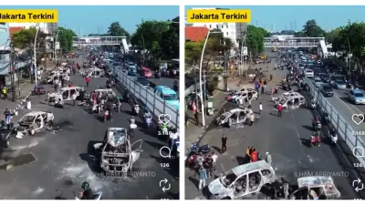 Puluhan Mobil hangus di depan Polres Jakarta Timur. (Sumber: Instagram @jakarta.terkini.)