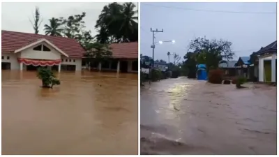 Banjir bandang Kabupaten Balangan, Kalimantan Selatan pada Sabtu, 27 Desember 2025 (Sumber: Kolase x@seputartetangga | Foto: Kolase x@seputartetangga)