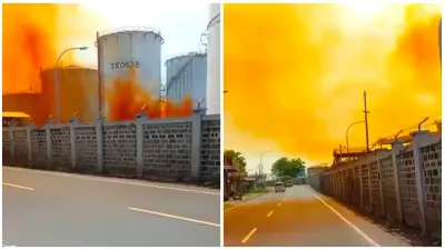 Viral di media sosial dugaan kebocoran gas berwarna oranye dari PT Vopak, Kota Cilegon, Banten pada Sabtu, 31 Januari 2026. (Sumber: X @top_disaster | Foto: X @top_disaster)