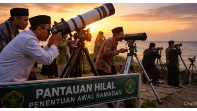 Ilustrasi. Pemantauan Hilal untuk Menentukan Awal Puasa Ramadan 2026 (Sumber: Generative AI)