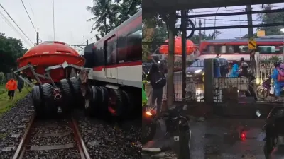 Tragedi kecelakaan antara kereta commuter line KA 806A Bandara Soetta vs truk pada Jumat, 20 Februari 2026 dini hari. (Sumber: kolase TL x@dumpies1monitor dan @pembangkangbos | Foto: kolase TL x@dumpies1monitor dan @pembangkangbos)