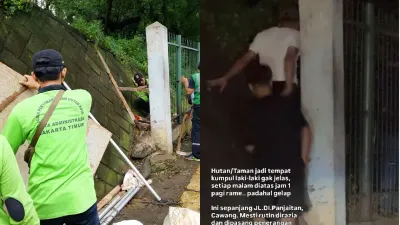Personel gabungan melakukan perbaikan pagar Hutan Kota Cawang di Jalan DI Panjaitan, Kelurahan Kebon Pala, Kecamatan Makasar, Jakarta Timur. (Sumber: kolase beritajakarta.id dan Instagram @ijoeel | Foto: kolase beritajakarta.id dan Instagram @ijoeel)