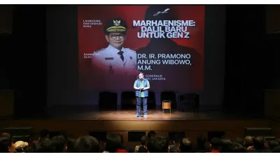 Gubernur DKI Jakarta Pramono Anung saat acara Launching dan Diskusi Buku Marhaenisme : Dalil Baru untuk Gen Z karya Rocky Gerung dan Airlangga Pribadi Kusman di Taman Ismail Marzuki, Menteng, Jakarta Pusat, Sabtu (4/7). (Sumber: beritajakarta.id)