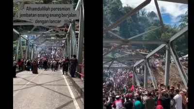 Warga Kecamatan Pintu Rime Gayo, Bener Meriah, Aceh, resmikan Jembatan Enang-Enang hasil patungan sendiri. (Sumber: kolase x@netizenledger dan x@irajenar | Foto: kolase x@netizenledger dan x@irajenar)