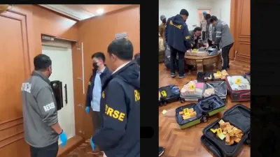 Penggeledahan sebuah rumah mewah di Sentul, Bogor oleh pihak kepolisian yang diduga terkait dengan tiga kasus korupsi besar. (Sumber: TL x@karirfess | Foto: TL x@karirfess)