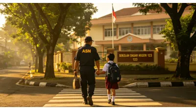 Ilustrasi. ASN Antar Anak Sekolah pada Hari Pertama Masuk (Sumber: Dola AI)