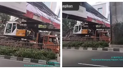 Truk Nyangkut di JPO Tendean, Jakarta Selatan (Sumber: TikTok @35Bandung)