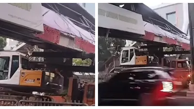 JPO Tendean, Jakarta Selatan Rusak Parah Usai Ditabrak Truk Pengangkut Alat Berat (Sumber: TikTok @35Bandung)