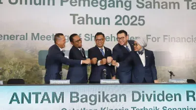 Rapat Umum Pemegang Saham Tahunan Tahun  Buku 2025 (RUPST 2025) PT ANTAM (Persero) Tbk (ANTM) atau ANTAM menyetujui pembagian dividen sebesar  Rp5,04 triliun atau 70% dari laba bersih Tahun Buku 2025. (Foto: Dok Antam)