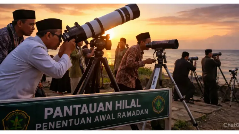 Ilustrasi. Pemantauan Hilal untuk Menentukan Awal Puasa Ramadan 2026 (Sumber: Generative AI)