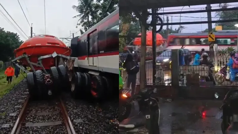 Tragedi kecelakaan antara kereta commuter line KA 806A Bandara Soetta vs truk pada Jumat, 20 Februari 2026 dini hari. (Sumber: kolase TL x@dumpies1monitor dan @pembangkangbos | Foto: kolase TL x@dumpies1monitor dan @pembangkangbos)